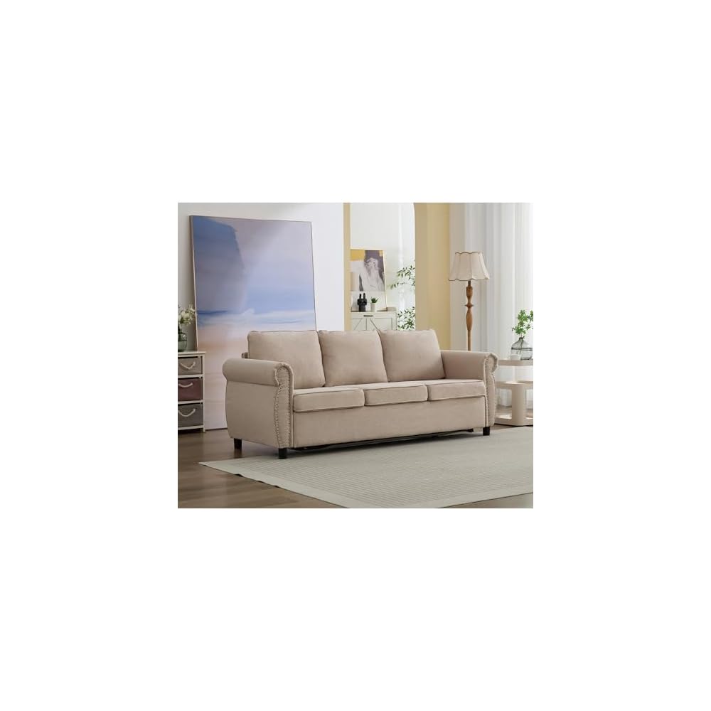 Pull Out Sofa Bed Queen Size, Sleeper Sofa with Memory Foam Mattress, 3 in 1 Convertible Pullout Couch Bed, 3-Seater Comfy Upholstered Loveseat Sofas for Living Room, Guest Room, RV (Beige Linen)