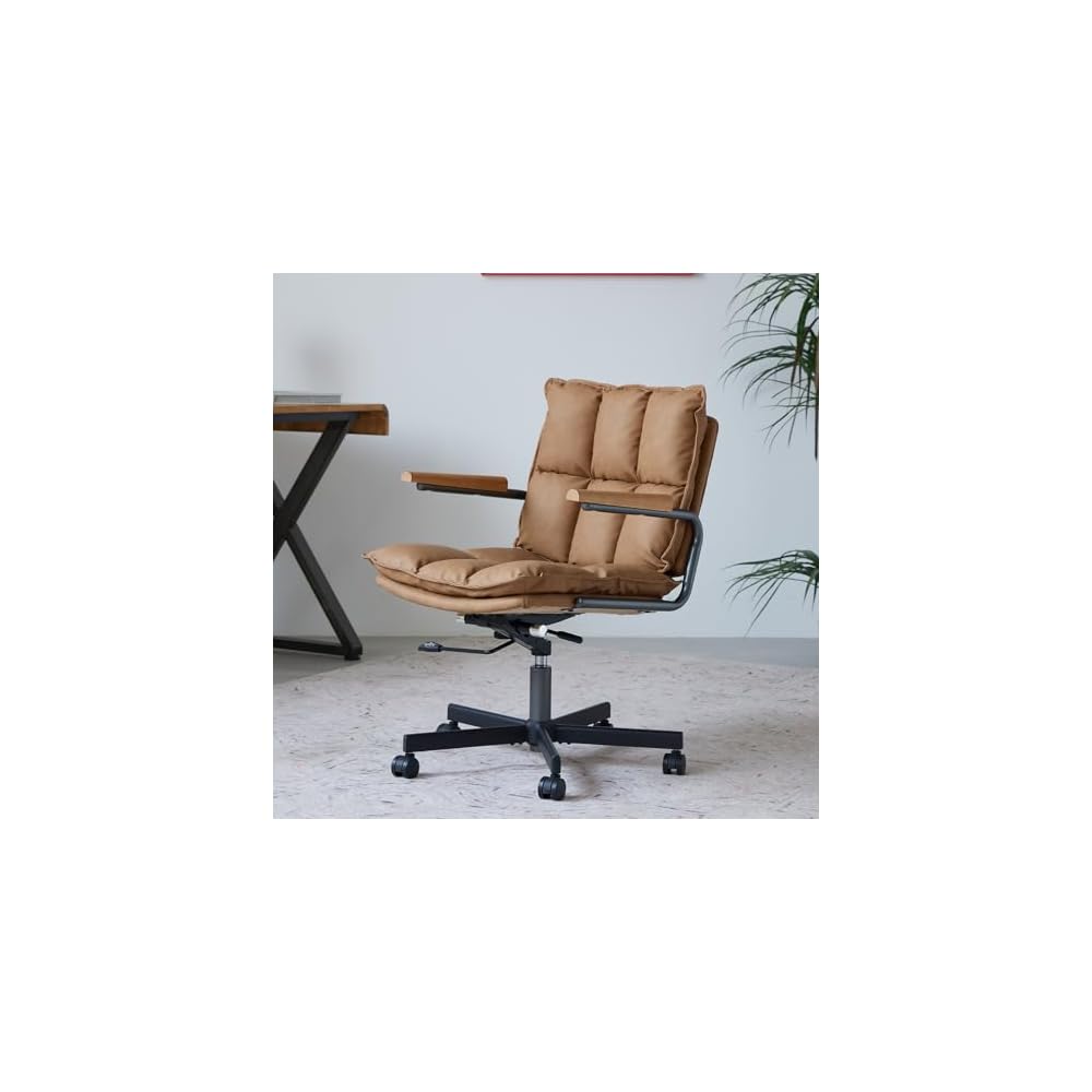Home Office Desk Chair, Leather Ergonomic Computer Chair with Wheels, Adjustable Height Rolling Swivel Executive Chair, Camel Brown