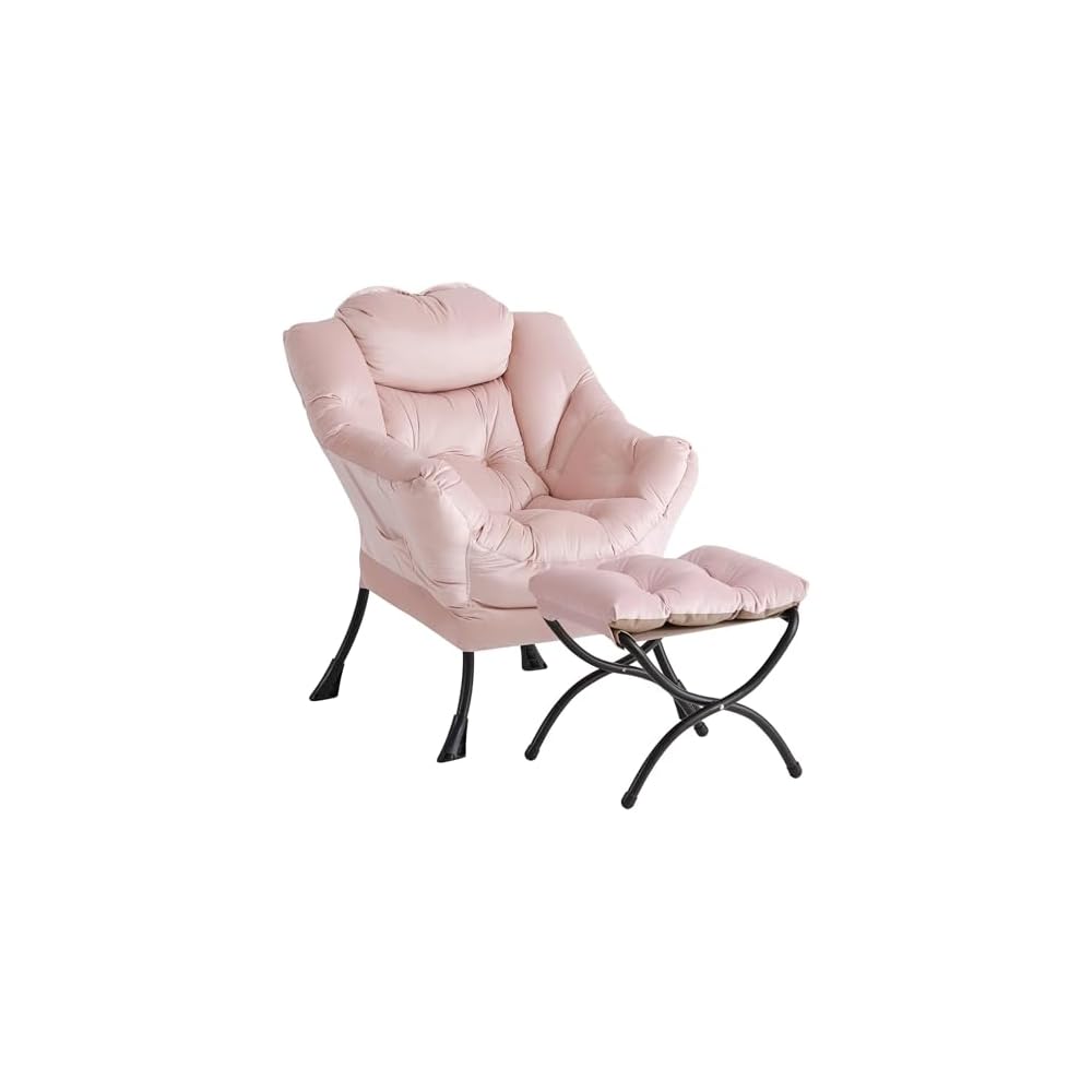 GarveeHome Lazy Chair with Ottoman, Modern Lounge Accent Chair, Leisure Sofa Armchair with Footrest, Reading Armchair with Side Pocket for Living Room, Bedroom, Dorm & Office (Plush Pink)