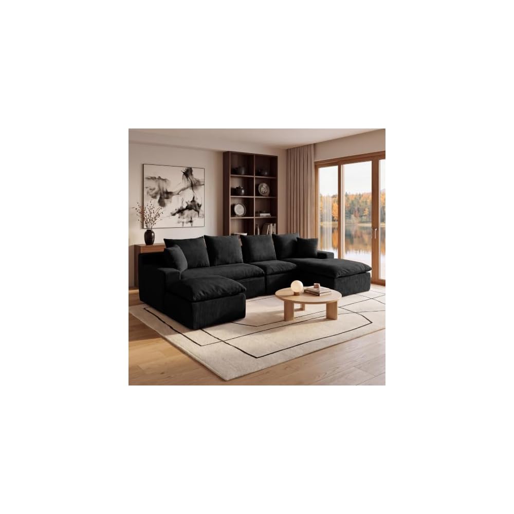 Modern Ottoman for Boneless Sofa Couch, 27.56'' Fluffy Corduroy Compressed Foot Rest, Comfy Plush Rectangle Pouf Footstool, Ottoman Coffee Table, for Small Apartment Living Room, Black