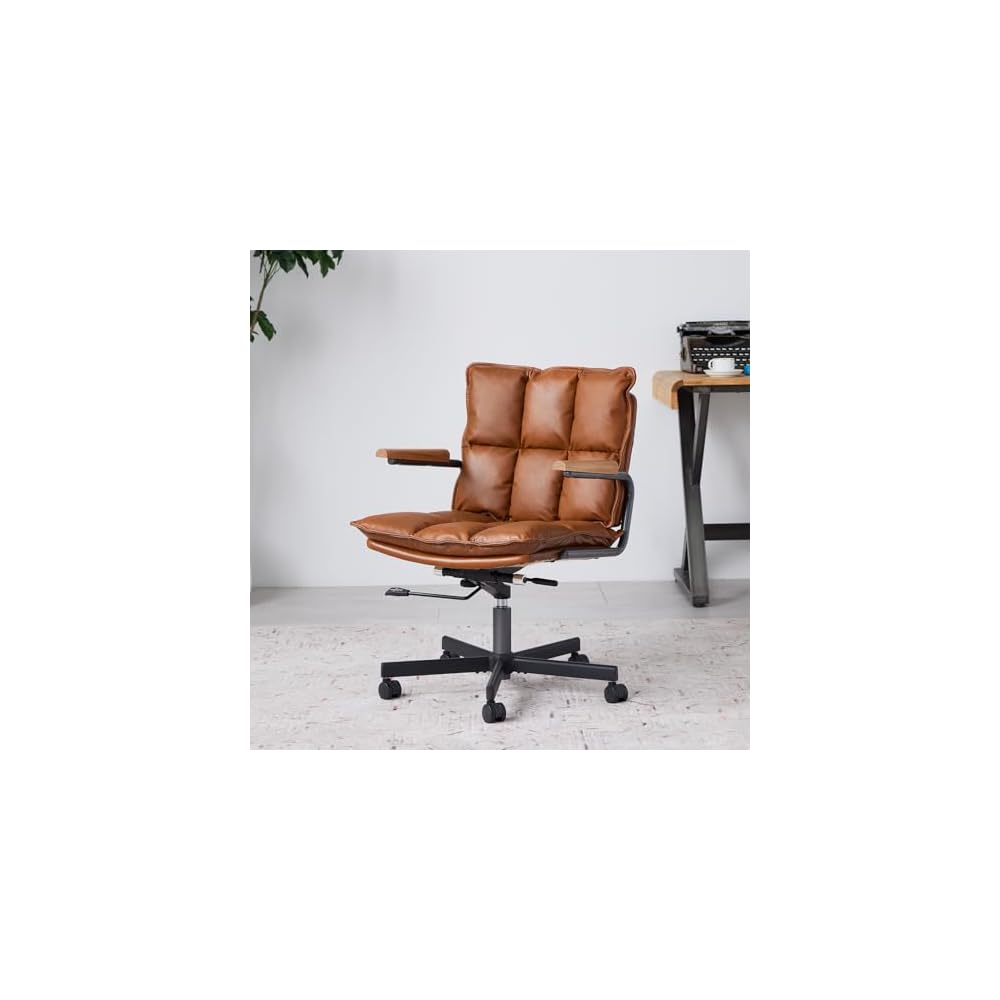 Home Office Desk Chair, Leather Ergonomic Computer Chair with Wheels, Adjustable Height Rolling Swivel Executive Chair, Camel Brown