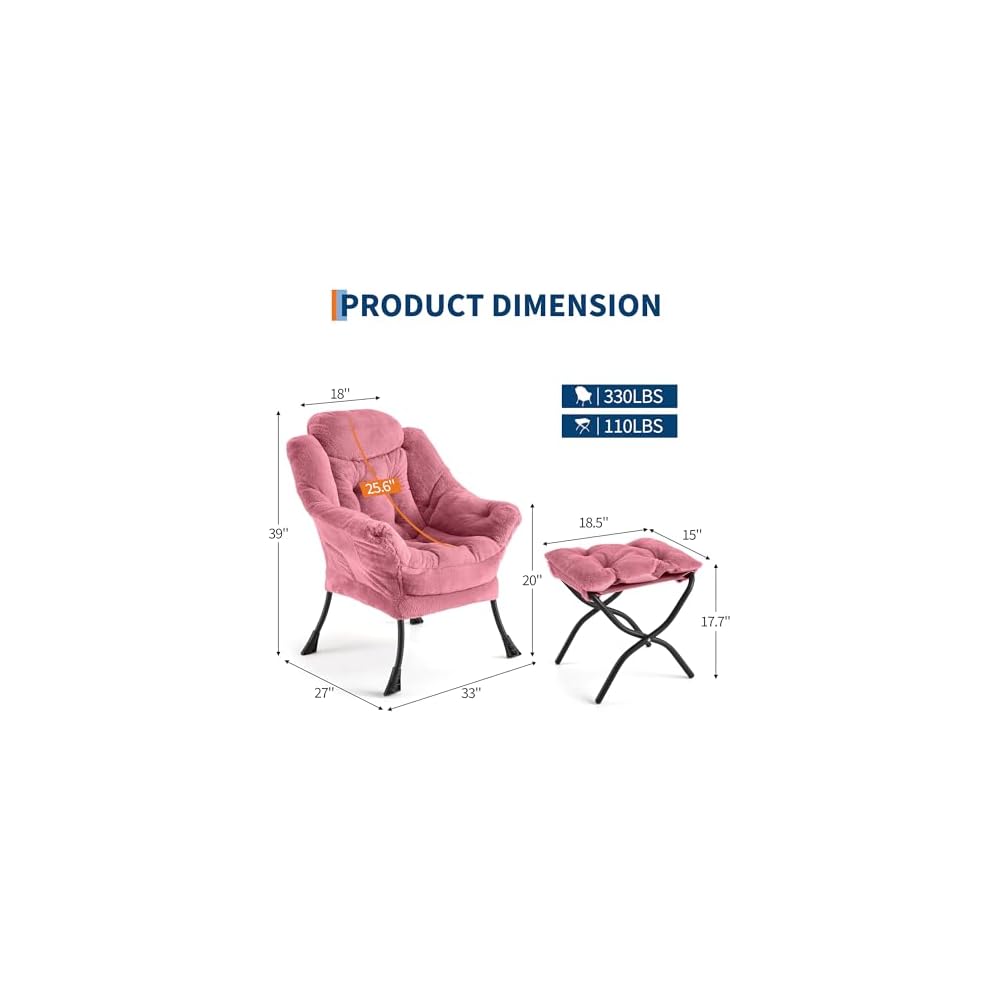 GarveeHome Lazy Chair with Ottoman, Modern Lounge Accent Chair, Leisure Sofa Armchair with Footrest, Reading Armchair with Side Pocket for Living Room, Bedroom, Dorm & Office (Plush Pink)