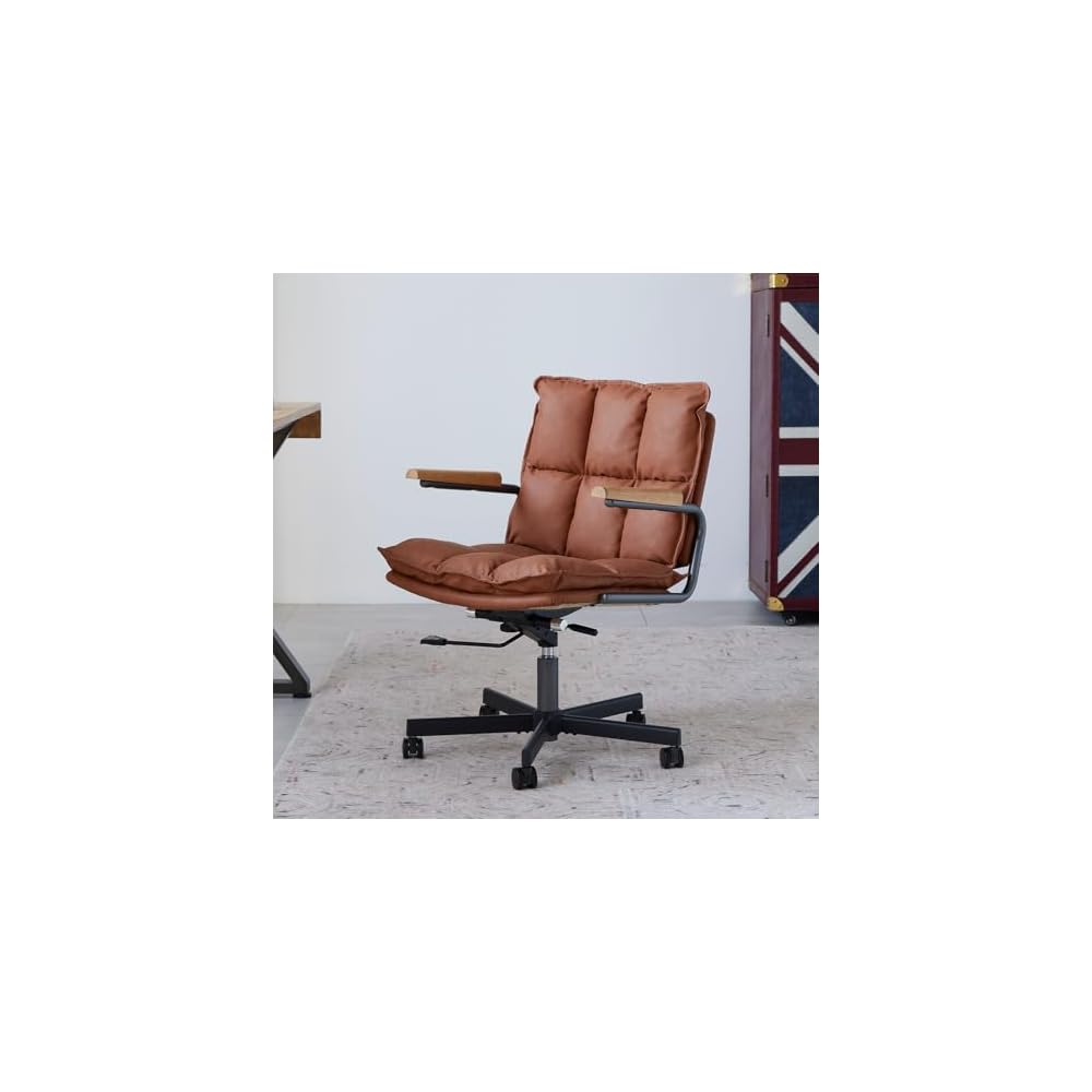 Home Office Desk Chair, Leather Ergonomic Computer Chair with Wheels, Adjustable Height Rolling Swivel Executive Chair, Camel Brown