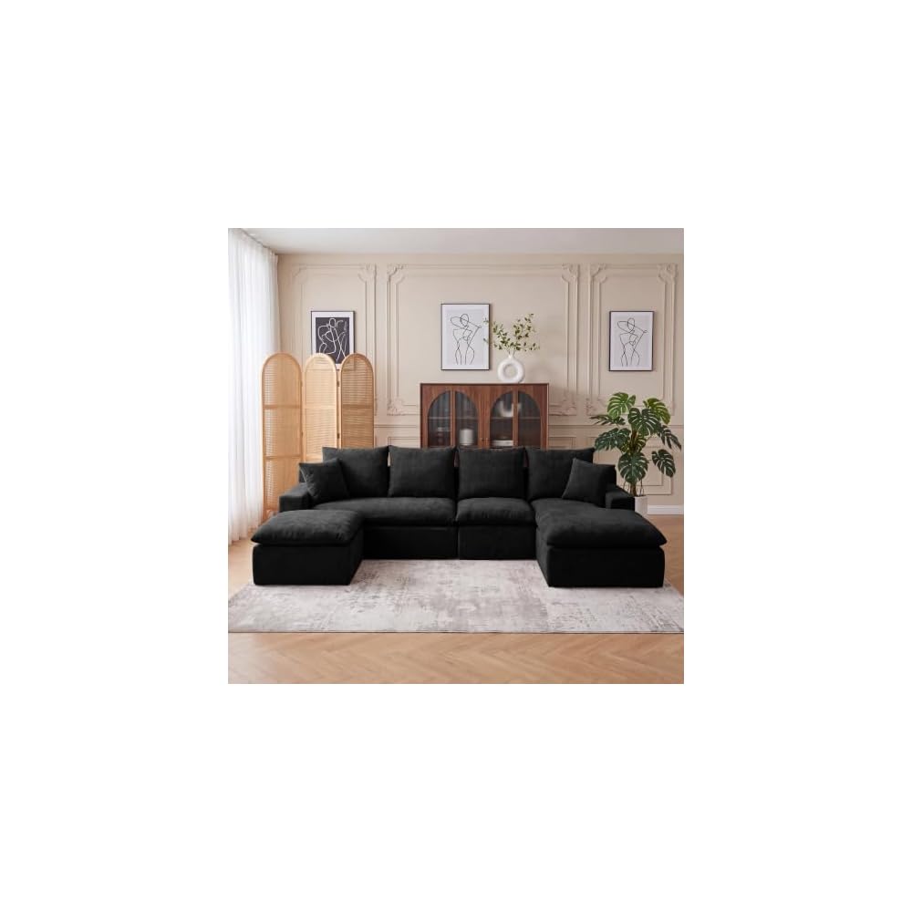 Modern Ottoman for Boneless Sofa Couch, 27.56'' Fluffy Corduroy Compressed Foot Rest, Comfy Plush Rectangle Pouf Footstool, Ottoman Coffee Table, for Small Apartment Living Room, Black