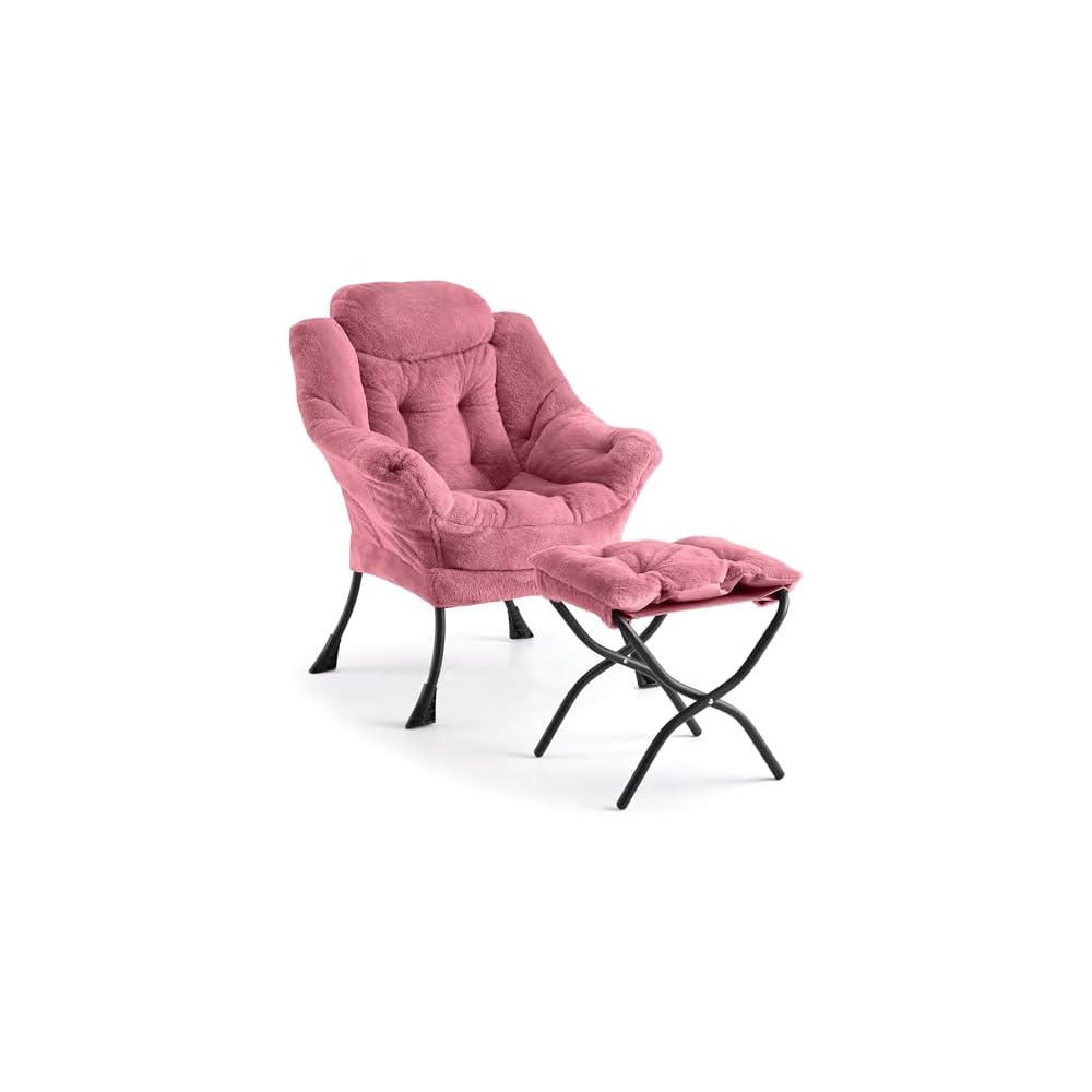 GarveeHome Lazy Chair with Ottoman, Modern Lounge Accent Chair, Leisure Sofa Armchair with Footrest, Reading Armchair with Side Pocket for Living Room, Bedroom, Dorm & Office (Plush Pink)