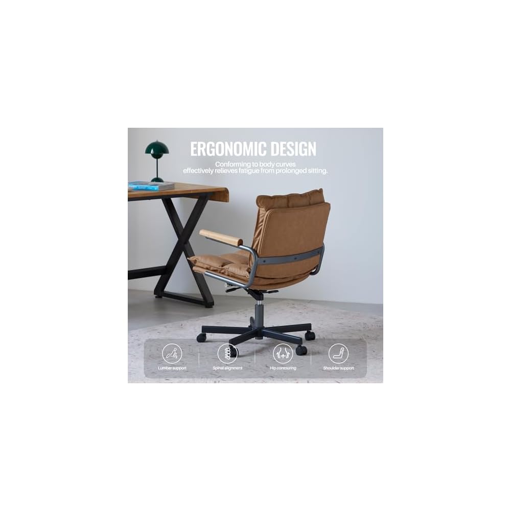 Home Office Desk Chair, Leather Ergonomic Computer Chair with Wheels, Adjustable Height Rolling Swivel Executive Chair, Camel Brown