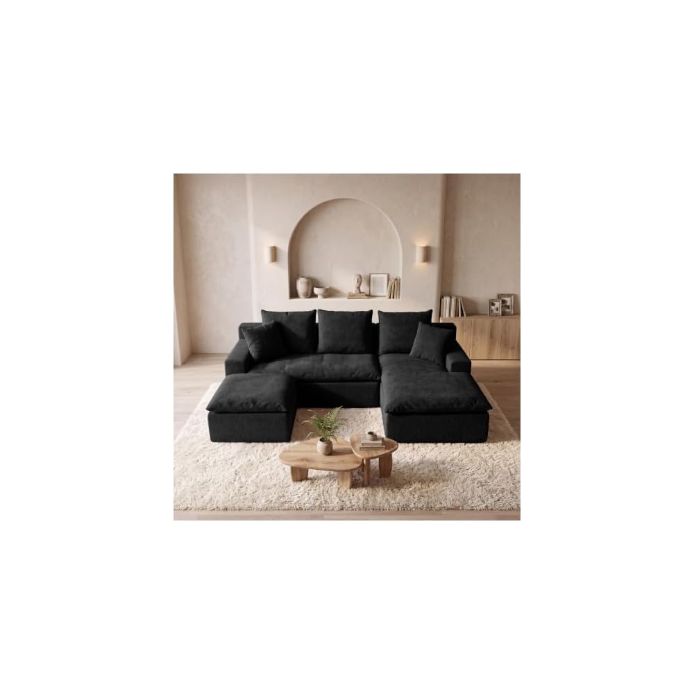 Modern Ottoman for Boneless Sofa Couch, 27.56'' Fluffy Corduroy Compressed Foot Rest, Comfy Plush Rectangle Pouf Footstool, Ottoman Coffee Table, for Small Apartment Living Room, Black