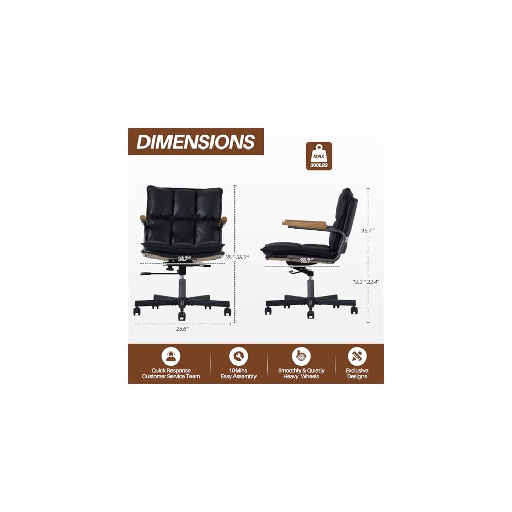 Home Office Desk Chair, Leather Ergonomic Computer Chair with Wheels, Adjustable Height Rolling Swivel Executive Chair, Camel Brown