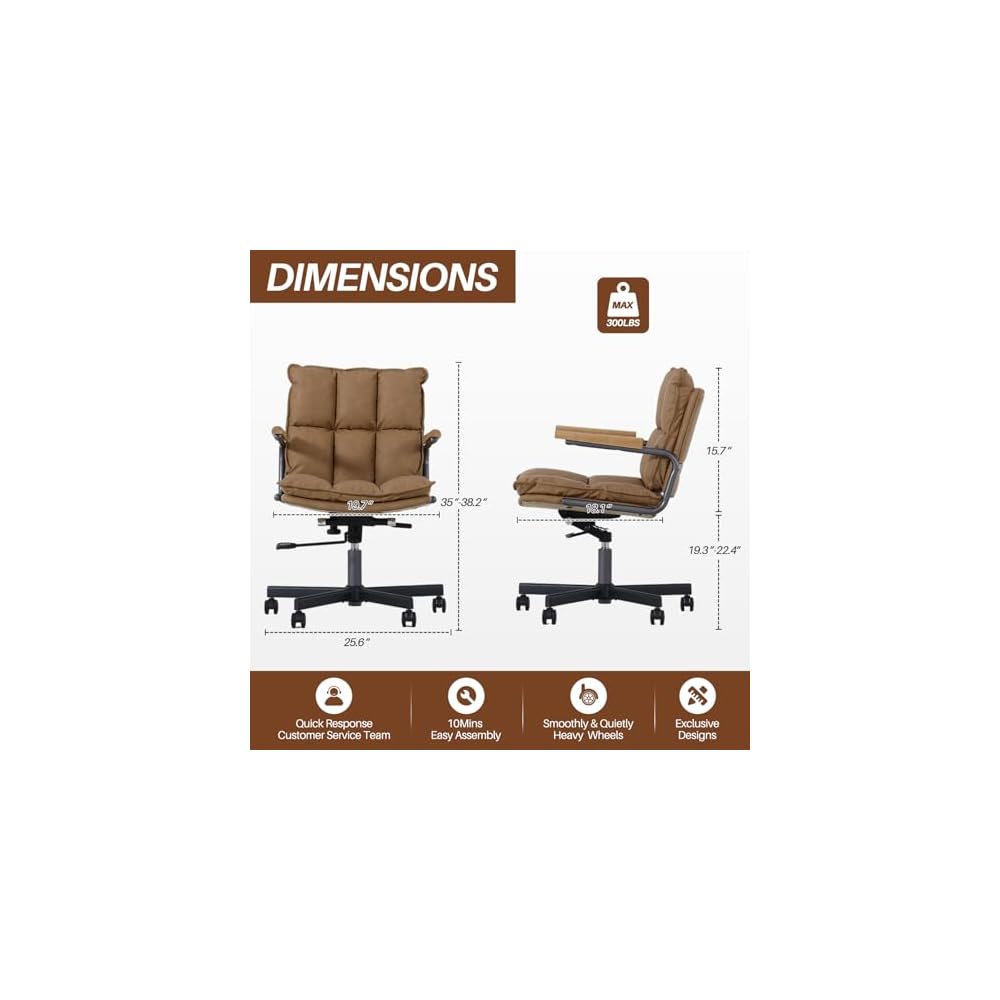 Home Office Desk Chair, Leather Ergonomic Computer Chair with Wheels, Adjustable Height Rolling Swivel Executive Chair, Camel Brown