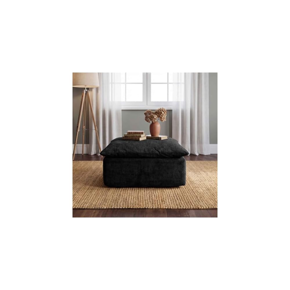 Modern Ottoman for Boneless Sofa Couch, 27.56'' Fluffy Corduroy Compressed Foot Rest, Comfy Plush Rectangle Pouf Footstool, Ottoman Coffee Table, for Small Apartment Living Room, Black