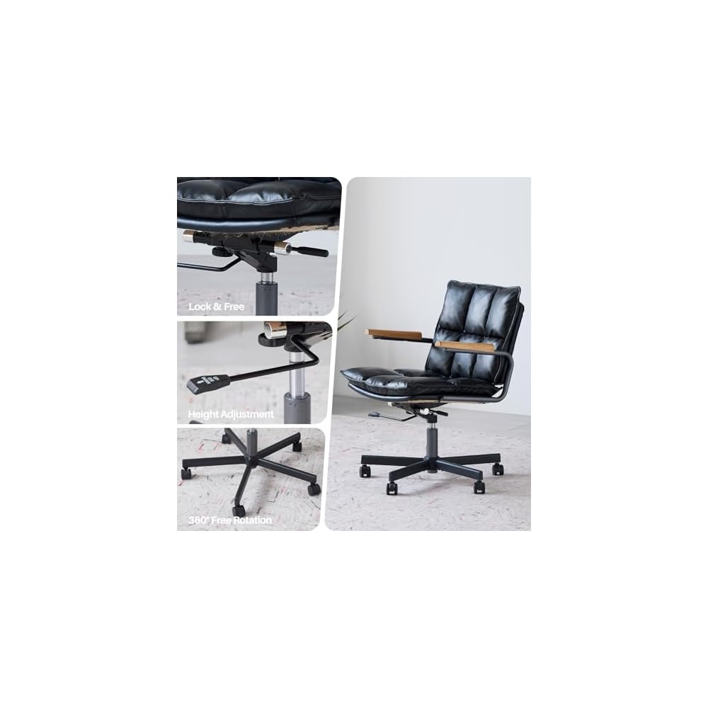 Home Office Desk Chair, Leather Ergonomic Computer Chair with Wheels, Adjustable Height Rolling Swivel Executive Chair, Camel Brown