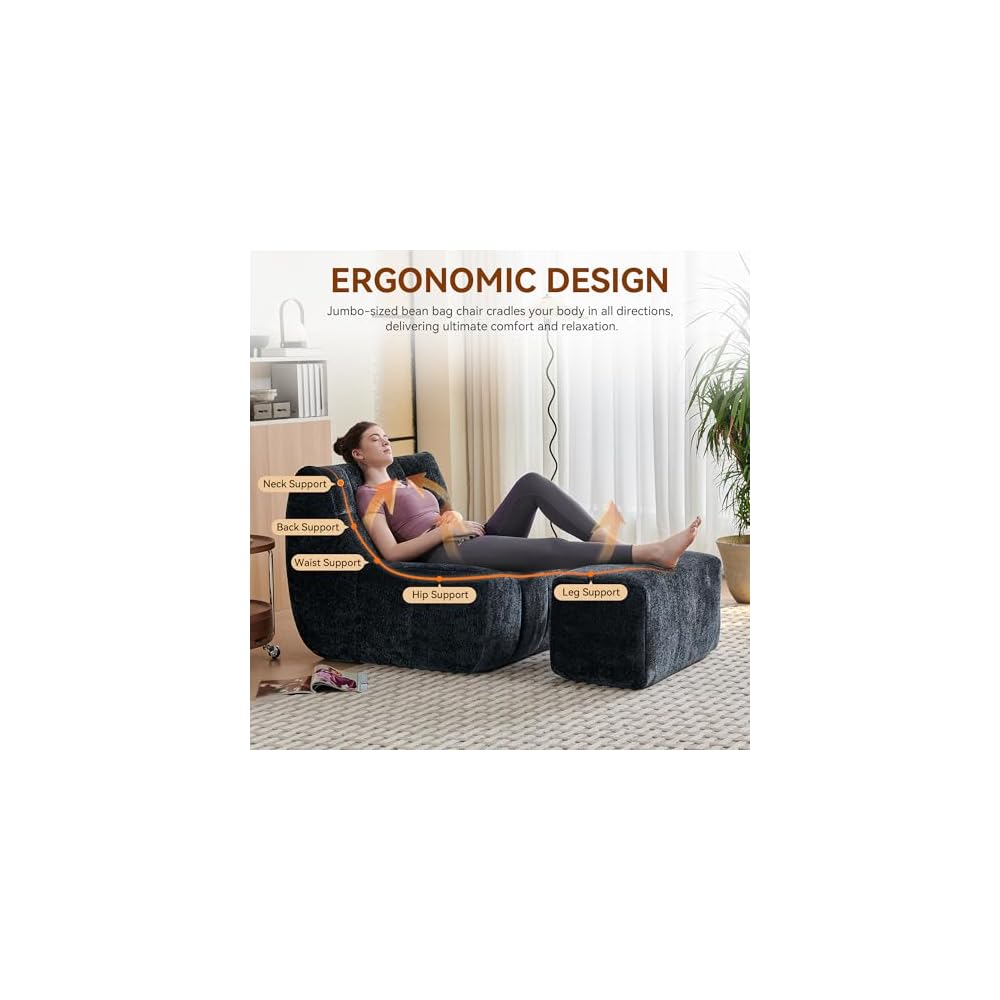 Bean Bag Chair With Footrest,Integrated Sponge Lounge Chair,Comfortable Bean Bag Sofa with Backrest, Faux FurBeanBagChair forAdultsandKids, Ideal for Bedrooms,Living Rooms,and Apartments(Black)