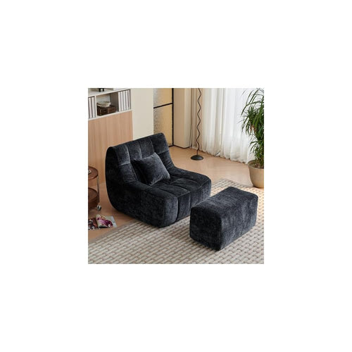 Bean Bag Chair With Footrest,Integrated Sponge Lounge Chair,Comfortable Bean Bag Sofa with Backrest, Faux FurBeanBagChair forAdultsandKids, Ideal for Bedrooms,Living Rooms,and Apartments(Black)