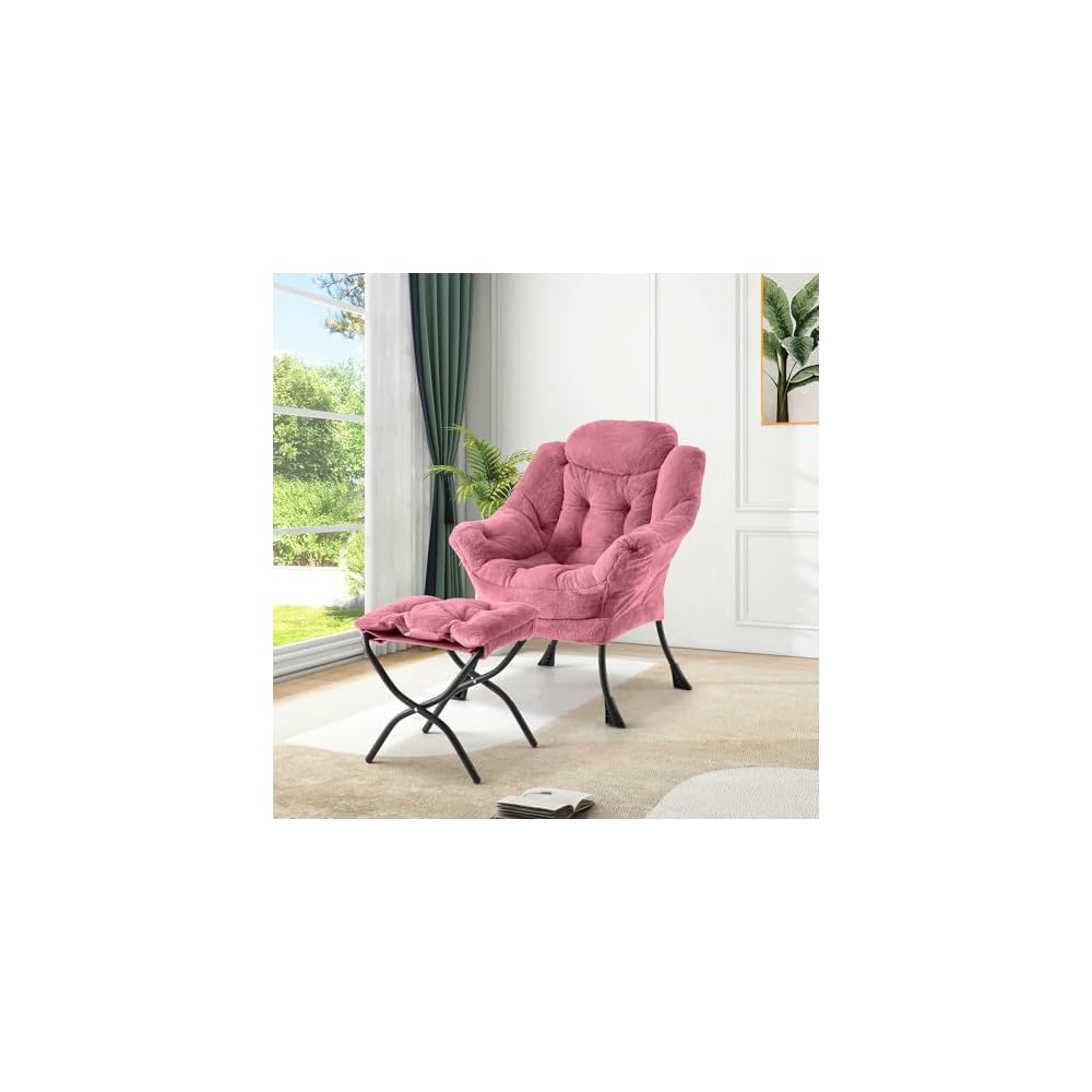 GarveeHome Lazy Chair with Ottoman, Modern Lounge Accent Chair, Leisure Sofa Armchair with Footrest, Reading Armchair with Side Pocket for Living Room, Bedroom, Dorm & Office (Plush Pink)