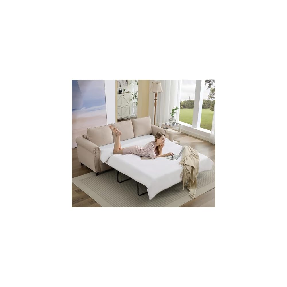 Pull Out Sofa Bed Queen Size, Sleeper Sofa with Memory Foam Mattress, 3 in 1 Convertible Pullout Couch Bed, 3-Seater Comfy Upholstered Loveseat Sofas for Living Room, Guest Room, RV (Beige Linen)