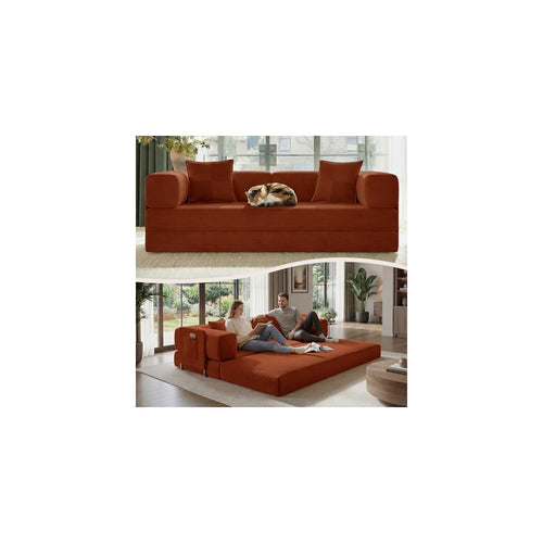 Belhome 78.8" Convertible Sofa Bed, Corduroy Futon Sofa Bed with Storage Pocket, Modular Couch Without Assembly, Boneless Couch for Living Rooms, Orange