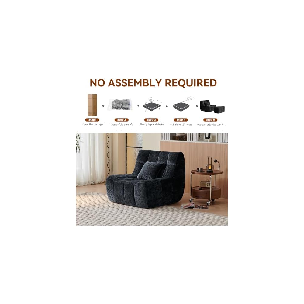 Bean Bag Chair With Footrest,Integrated Sponge Lounge Chair,Comfortable Bean Bag Sofa with Backrest, Faux FurBeanBagChair forAdultsandKids, Ideal for Bedrooms,Living Rooms,and Apartments(Black)