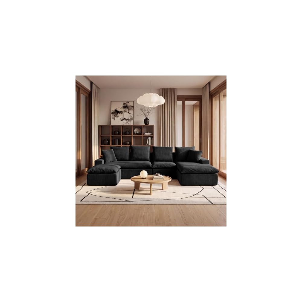 Modern Ottoman for Boneless Sofa Couch, 27.56'' Fluffy Corduroy Compressed Foot Rest, Comfy Plush Rectangle Pouf Footstool, Ottoman Coffee Table, for Small Apartment Living Room, Black