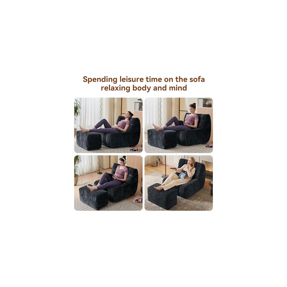 Bean Bag Chair With Footrest,Integrated Sponge Lounge Chair,Comfortable Bean Bag Sofa with Backrest, Faux FurBeanBagChair forAdultsandKids, Ideal for Bedrooms,Living Rooms,and Apartments(Black)