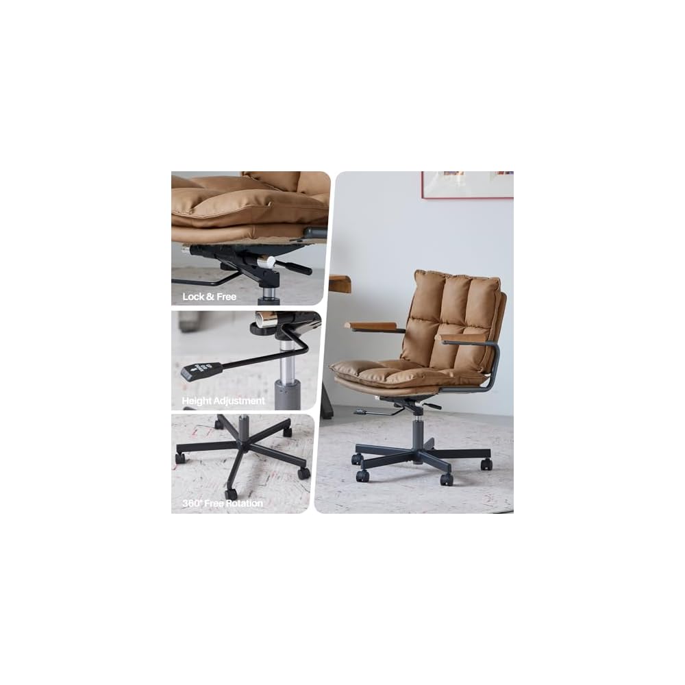Home Office Desk Chair, Leather Ergonomic Computer Chair with Wheels, Adjustable Height Rolling Swivel Executive Chair, Camel Brown