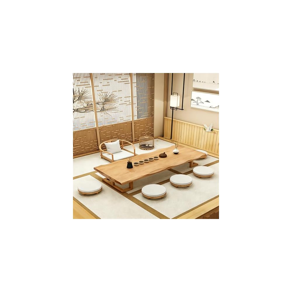 Wooden Stool Wooden Low Table paired with Japanese Floor Chair with Cushion, Armchair with Backrest, Meditation Legless Back Rest Chairs for Living Room, Balcony(Round Stool)