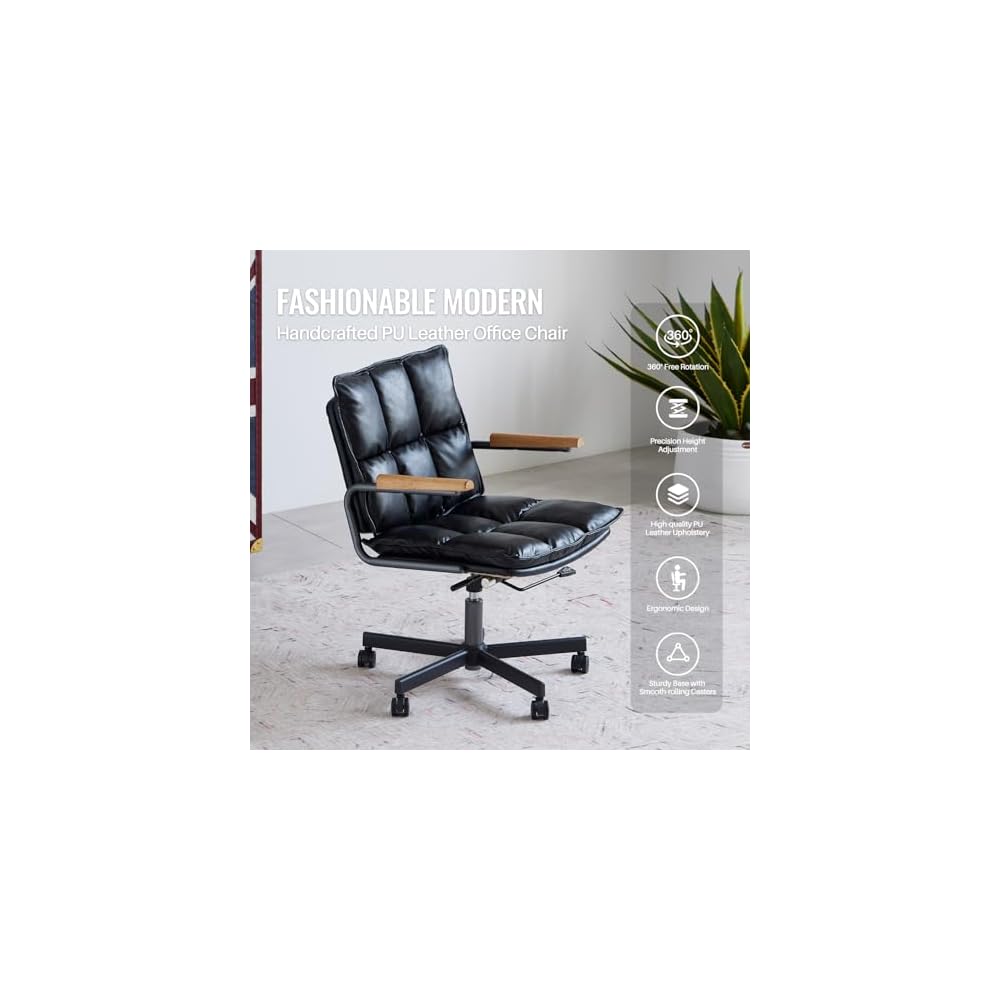 Home Office Desk Chair, Leather Ergonomic Computer Chair with Wheels, Adjustable Height Rolling Swivel Executive Chair, Camel Brown