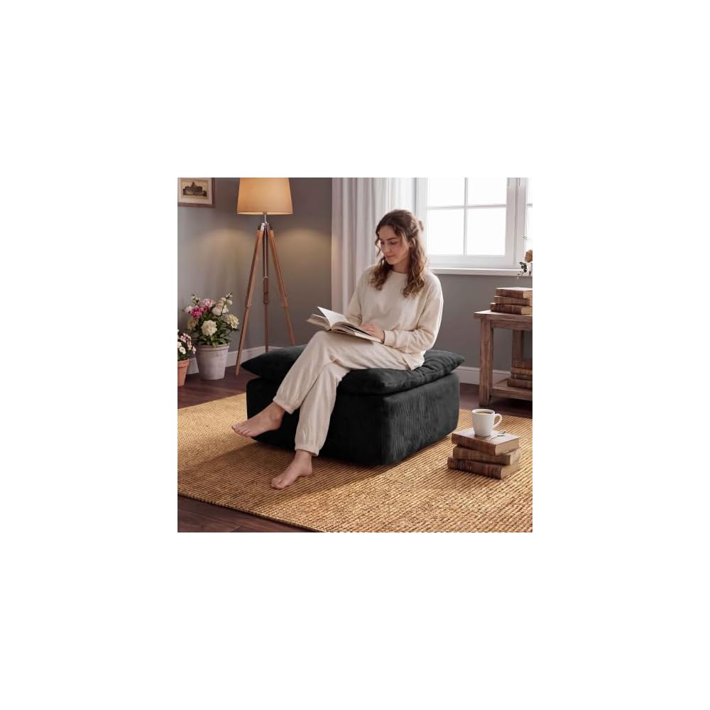 Modern Ottoman for Boneless Sofa Couch, 27.56'' Fluffy Corduroy Compressed Foot Rest, Comfy Plush Rectangle Pouf Footstool, Ottoman Coffee Table, for Small Apartment Living Room, Black