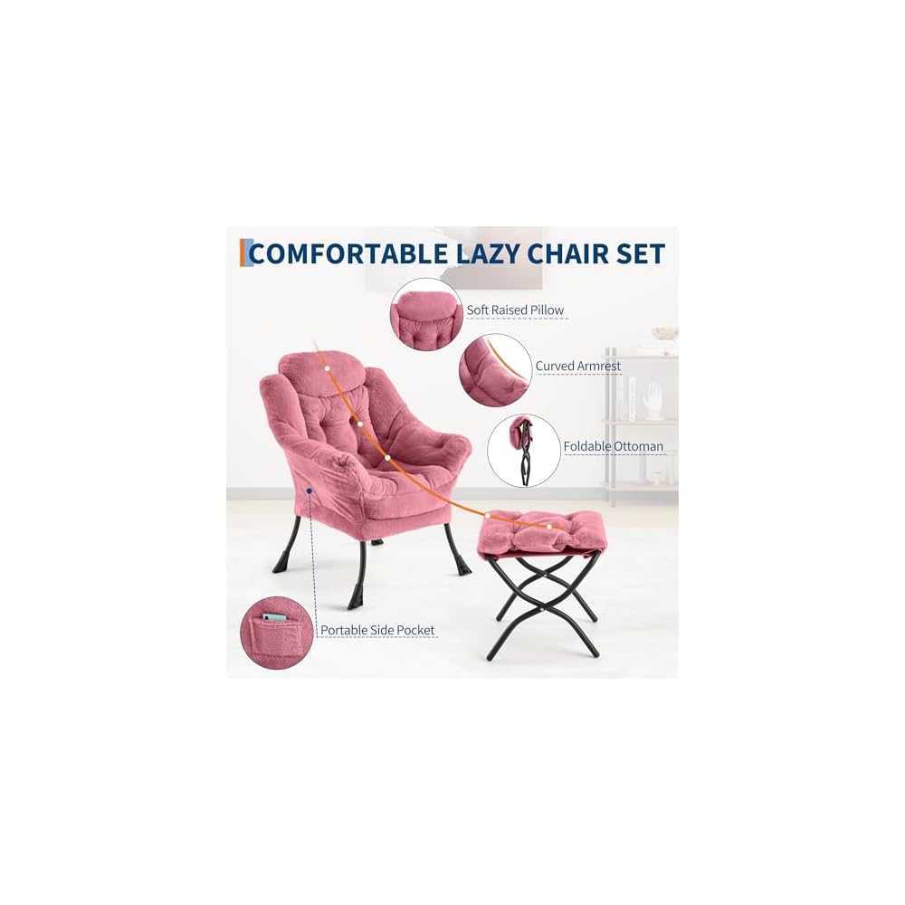 GarveeHome Lazy Chair with Ottoman, Modern Lounge Accent Chair, Leisure Sofa Armchair with Footrest, Reading Armchair with Side Pocket for Living Room, Bedroom, Dorm & Office (Plush Pink)