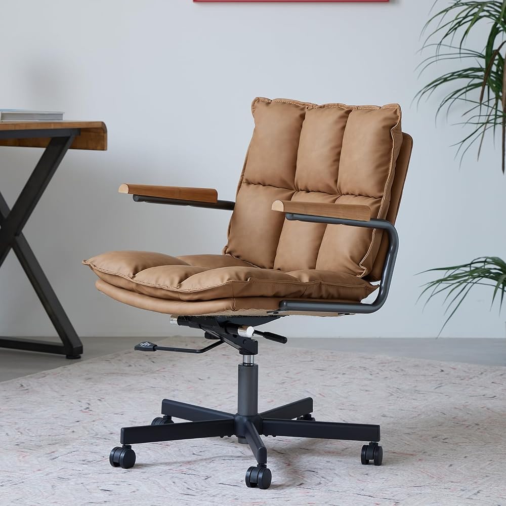 Home Office Desk Chair, Leather Ergonomic Computer Chair with Wheels, Adjustable Height Rolling Swivel Executive Chair, Camel Brown