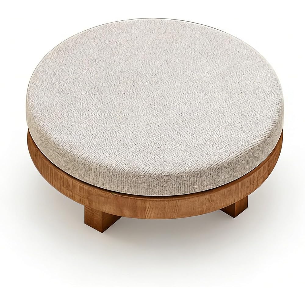 Wooden Stool Wooden Low Table paired with Japanese Floor Chair with Cushion, Armchair with Backrest, Meditation Legless Back Rest Chairs for Living Room, Balcony(Round Stool)