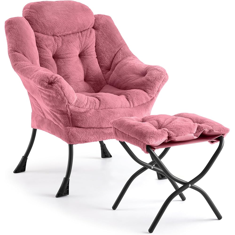 GarveeHome Lazy Chair with Ottoman, Modern Lounge Accent Chair, Leisure Sofa Armchair with Footrest, Reading Armchair with Side Pocket for Living Room, Bedroom, Dorm & Office (Plush Pink)