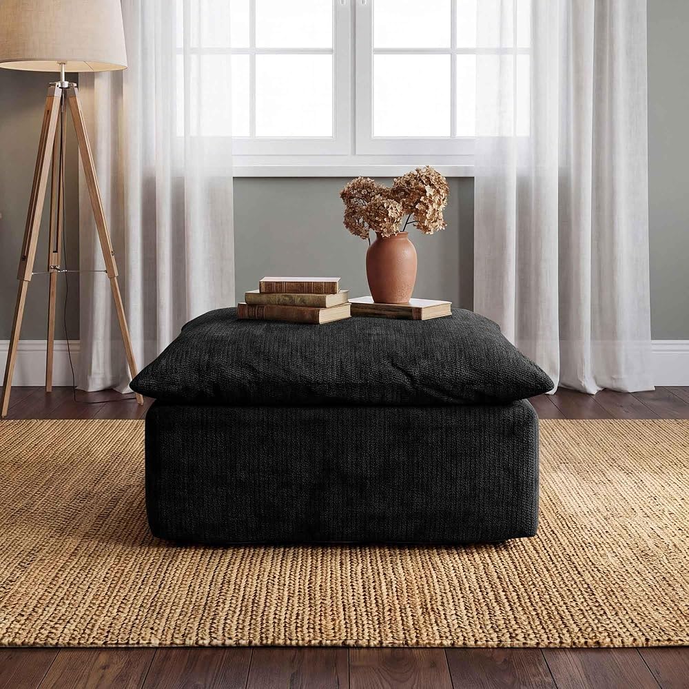 Modern Ottoman for Boneless Sofa Couch, 27.56'' Fluffy Corduroy Compressed Foot Rest, Comfy Plush Rectangle Pouf Footstool, Ottoman Coffee Table, for Small Apartment Living Room, Black