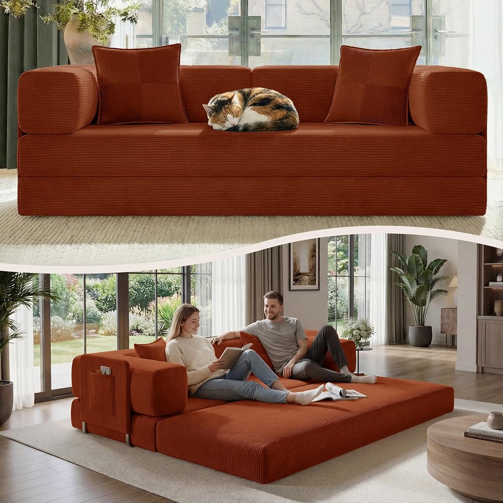 Belhome 78.8" Convertible Sofa Bed, Corduroy Futon Sofa Bed with Storage Pocket, Modular Couch Without Assembly, Boneless Couch for Living Rooms, Orange