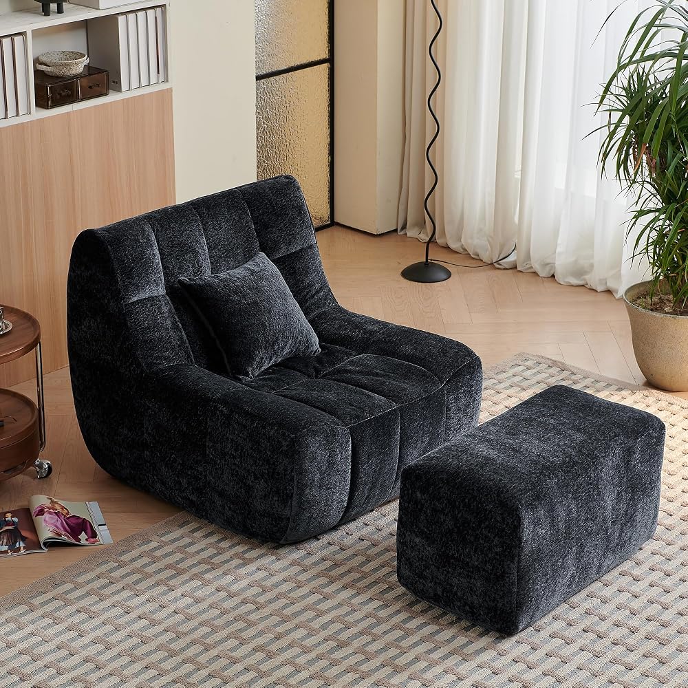 Bean Bag Chair With Footrest,Integrated Sponge Lounge Chair,Comfortable Bean Bag Sofa with Backrest, Faux FurBeanBagChair forAdultsandKids, Ideal for Bedrooms,Living Rooms,and Apartments(Black)